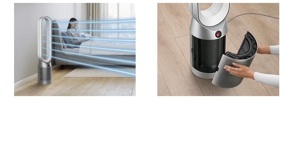 Dyson purifier in a bedroom , Someone changing their filter