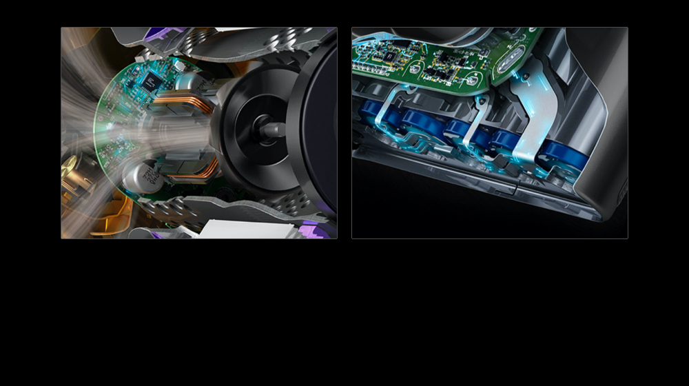 Cutaway of the Dyson Hyperdymium motor / Cutaway of the seven-cell battery