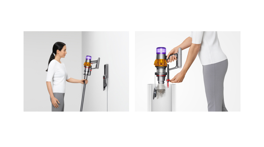 Woman placing Dyson vacuum into the wall dock / Woman emptying Dyson vacuum into the bin