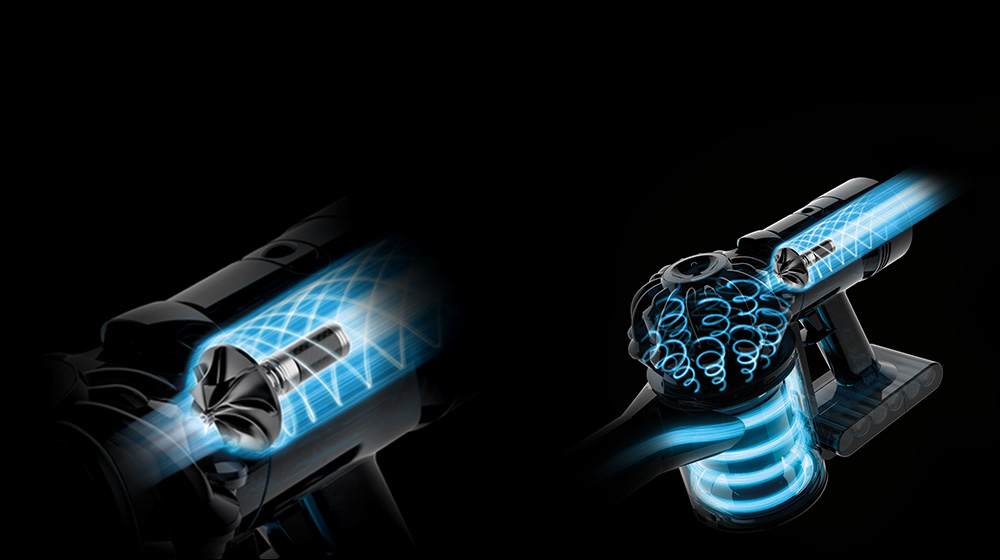 Cutaway image of the powerful Dyson digital motor V8 and Cutaway image of Dyson's concentric cyclone array